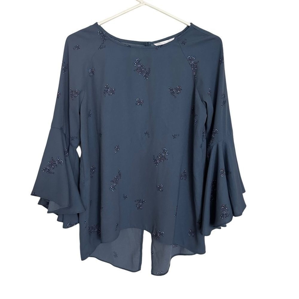 LC Lauren Conrad Blouse Blue S Women Bell Sleeve Floral Beaded Boho